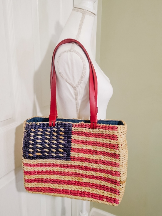 Handbags - American Flag Straw Tote Bag Woven Patriotic Red White Blue Summer Beach Market